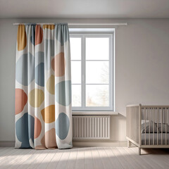 Contemporary children's room with window, wooden bed, and bold circle print curtain