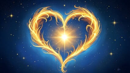 Valentine's day heart of love shining bright in space with golden flames and stars
