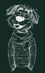 Hipster Dog in Glasses and Scarf Line Art Illustration