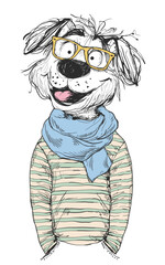 Hipster Dog in Glasses and Scarf Line Art Illustration