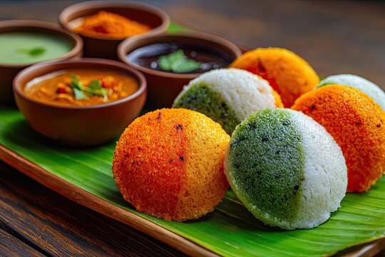 Soft and Fluffy Tiranga Idli with Chutney and Sambar