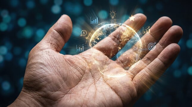 Close up of an adult hand holding a glowing digital holographic sphere with icons for business growth, data analytics, and performance goals in a dark high-tech environment - Powered by Adobe