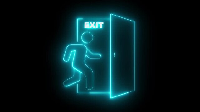 glowing neon emergency exit icon animation on black background. running human and open door. exit text emergency exit symbol. Emergency exit sign with man running at the door. 4k video animation.