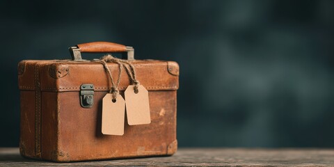 Vintage brown suitcase with leather handle and two blank tags on wooden surface dark background