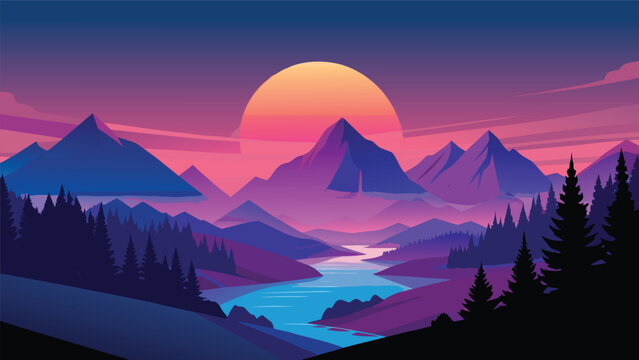 A stylized vector art illustration of a serene mountain landscape with a glowing retro sun setting over the vibrant peaks and a flowing river below