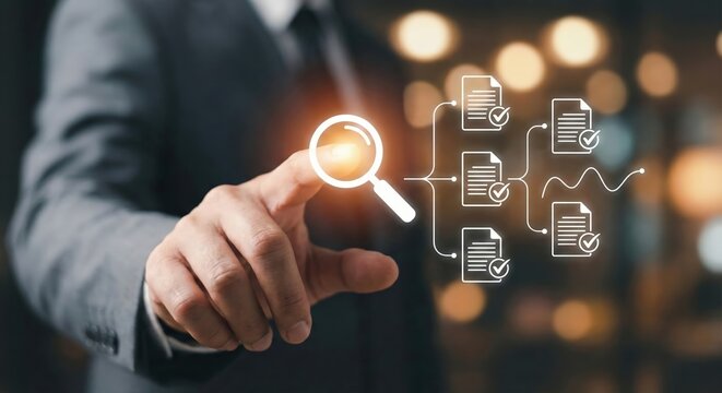 Professional adult businessman in a suit indoors at the office during the day using a futuristic digital holographic document audit interface for quality control and compliance management. - Powered by Adobe