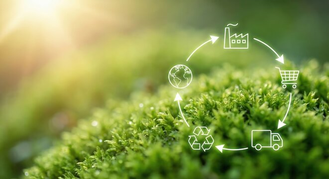 Sustainable circular economy concept with white digital supply chain icons over lush green moss outdoors in bright daylight, representing environmental conservation and recycling.