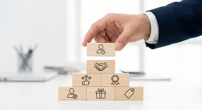 Close up of a professional Southeast Asian businessman in a dark suit stacking wooden blocks with icons for customer loyalty, satisfaction, and rewards in a bright high-key office environment.