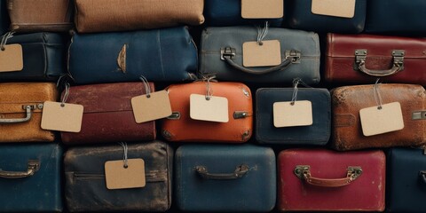 Vintage Suitcases Stacked In A Wall Arrangement With Blank Cardboard Tags For Travel Storage And Retro Luggage