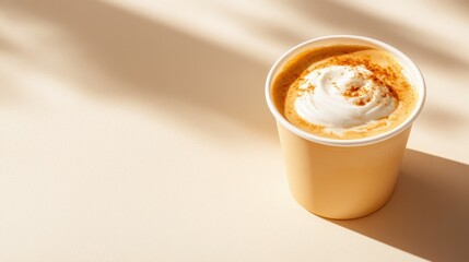 Warm Beige Coffee Cup Topped With Creamy Whipped Cream and Cinnamon Dust In Soft Sunlight