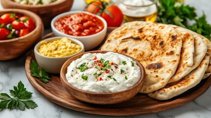 Warm Flatbread with Creamy Dip Fresh Tomatoes Herbs and Spices Overhead View