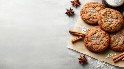 Warm Oatmeal Cookies With Cinnamon And Star Anise On Rustic Surface Top View