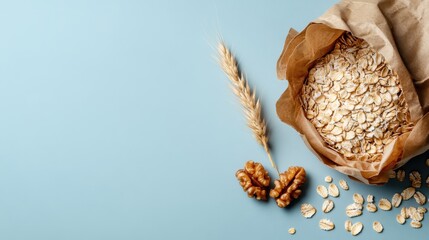 Whole Grain Rolled Oats in Kraft Paper Bag with Walnuts and Wheat Stalk on Light Blue Background