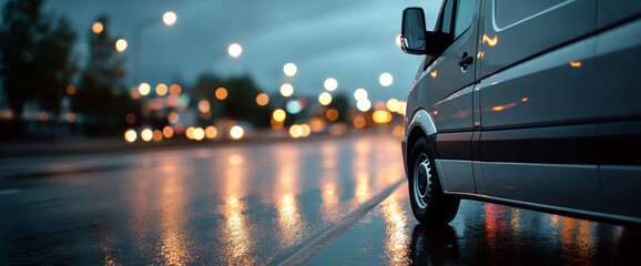 Close-up of a parked van on a wet street with blurred city lights reflecting on the pavement during dusk or early evening