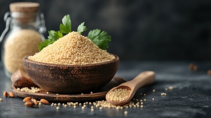 Whole Grain Amaranth Seeds Piled High in Rustic Wooden Bowl with Spoon and Garnish