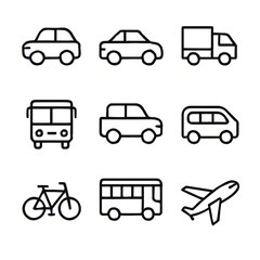 Vehicle Icons Set Simple Outline Graphics Representing Various Modes of Transport and Travel