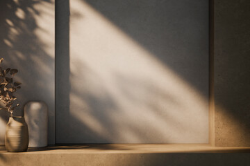 Luxury architecture interior design aesthetic with trendy vase decor and tree shadow on beige plaster wall. Minimal background for natural product brand display.