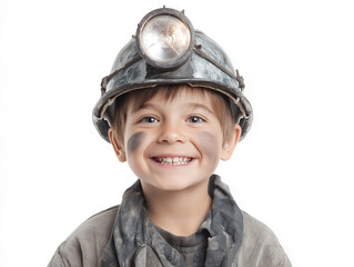 Boy dressed like a miner with helmet light, smiling, isolated white background