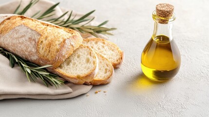 Artisan Bread Sliced With Olive Oil And Rosemary Sprigs On Textured Surface