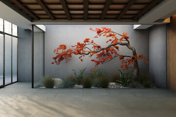 Indoor garden in luxury modern home interior design room. Urban architecture residential building. Japanese maple tree bonsai house landscaping.