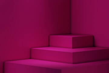 Pink cube stand for product placement mockup. Valentine's day podium exhibition scene background. Showroom for fashion, beauty and cosmetic brand.