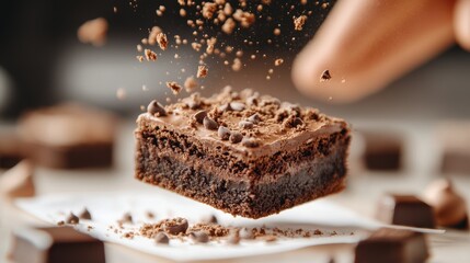 Decadent Chocolate Brownie Floating Mid Air With Chocolate Chips And Crumble In Soft Lighting