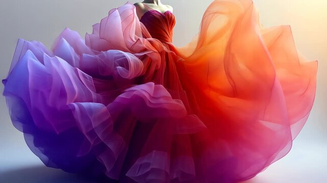 A vibrant, flowing gown with ruffles and layers in a gradient of purple, pink, red, and orange hues.