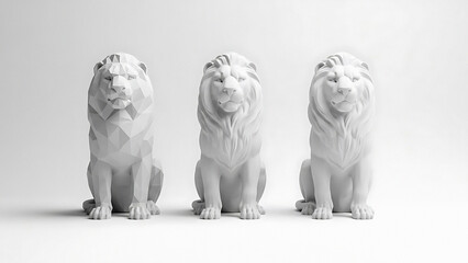 Three white lion sculptures in different styles on a plain background transparent background