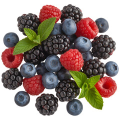 Fresh Raspberries Blackberries Blueberries with Mint Leaves Piled Together on transparent background