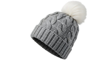 Gray knit winter hat with pompom isolated on transparent background