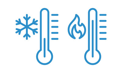 Hot and cold temperature line icon, thermometer with snowflake and flame symbols, heating and cooling climate control concept isolated on white background flat vector illustration.