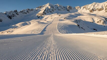 Serene snowy mountain landscape with groomed ski trail at sunrise