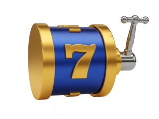 Golden slot machine reel with lucky number seven isolated on transparent background
