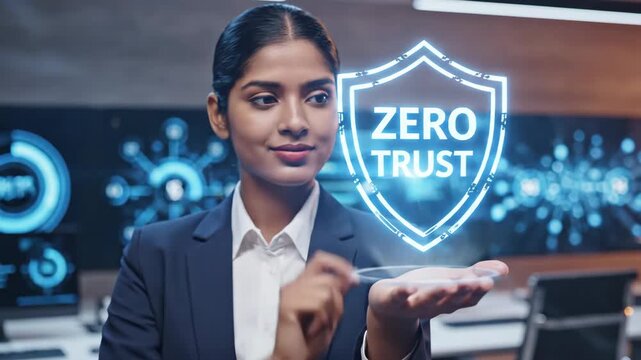 Zero Trust Security Implementation - An Indian businesswoman in a suit interacts with a holographic display showing a "Zero Trust" shield.