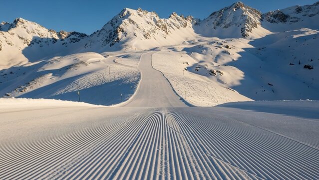 Snowy mountain landscape with groomed ski slope and clear blue sky - Powered by Adobe