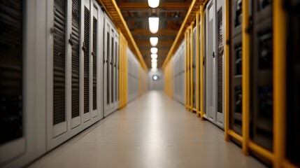 Perspective down a long modern data center corridor lined with server racks under bright ceiling lights