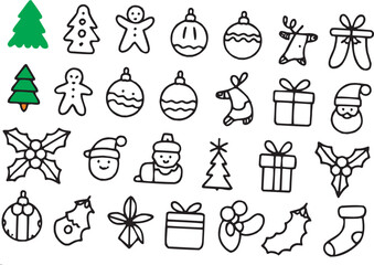 Christmas doodle icon set. Winter holiday symbols, trees and festive elements in hand drawn style. Vector illustration.