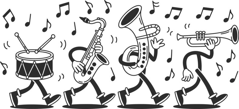 Marching Band Cartoon with Music Notes, Vintage Black and White Instrument Illustration.