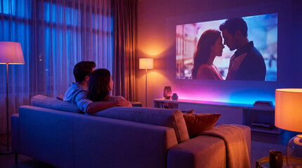 Couple enjoying a movie projected onto a wall in a home cinema setup