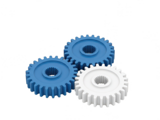 Three interlocking gears of different colors isolated on transparent background