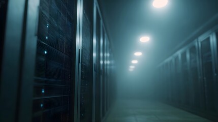 A dimly lit hazy server room with rows of glowing server racks and ceiling lights conveying a sense of advanced technology