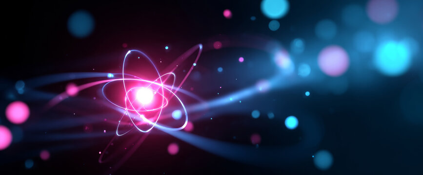 Abstract digital illustration of glowing atomic structure with orbiting particles and vibrant neon light trails on dark background