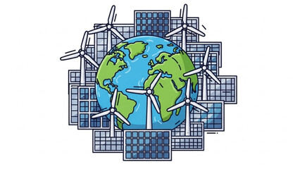 Earth surrounded by wind turbines and solar panels on buildings for renewable energy