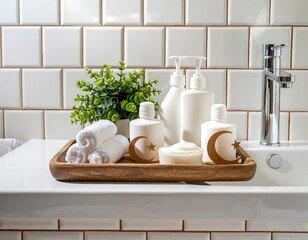Serene Bathroom Countertop with Luxurious Toiletries and Greenery