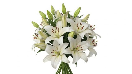 Obraz premium A beautiful spring bouquet of white lily of the valley and blooming lilies with green leaves isolated on white, showcasing the natural floral beauty of a fresh macro blossom garden bunch