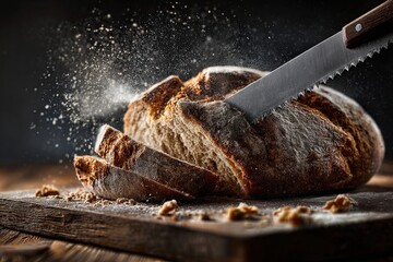 Action Shot of Knife Slicing Crusty Sourdough Bread