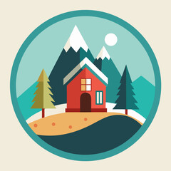 Fototapeta premium Title: A quaint red house with a round window and arched doorway surrounded by snow-covered trees