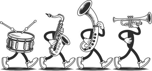 Marching Band Instruments Cartoon Illustration, Vintage Black and White Music Art. © Raihan