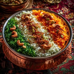 Overhead Shot of Layered Tricolor Rice in Copper Bowl