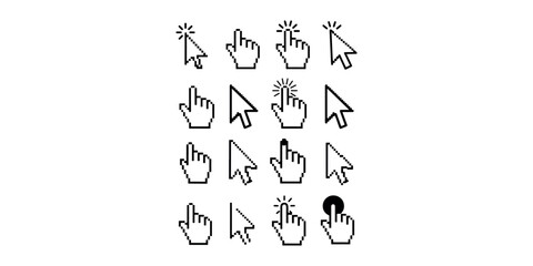 Pixelated mouse pointer arrow and hand cursor icons for web design interface elements